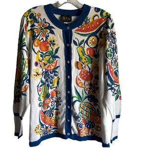 VTG Bob Mackie Wearable Art Fruit Floral Fall Cardigan M Colorful 80/90s Sweater